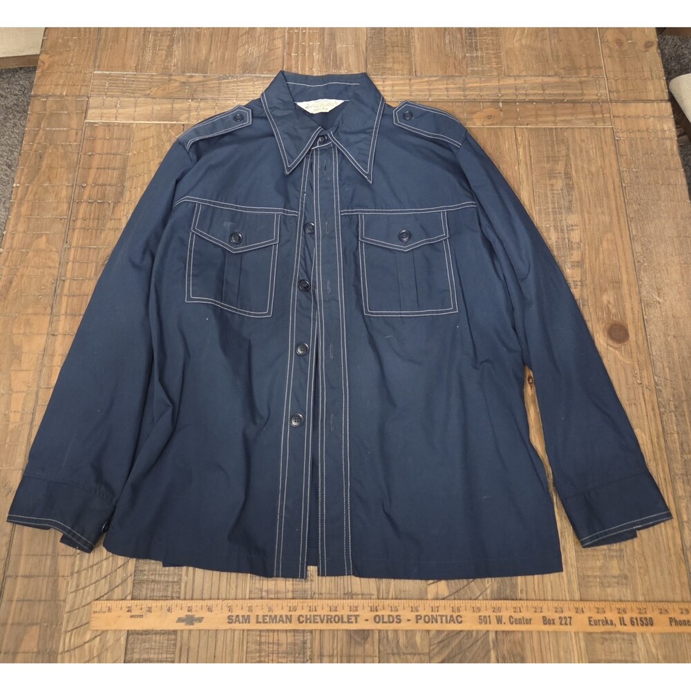 Vintage 70s Butterfly Collar Button-up Kmart Size L Navy Blue With White Thread